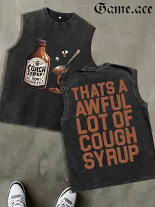 1 PCS GAME.ACE Retro Washed Black Sleeveless Tank Top, Front "Cough Syrup" Bottle Print + Back "That's A Awful Lot Of Cough Syrup" Graphic, Hip-Hop Streetwear Style, 100% Cotton Unisex Oversized Vest, Casual Daily Wear, Great Gift for Streetwear Fans
