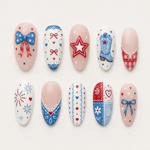 Girly 4th of July Press On Nails, Patriotic Bow Star Nails, Red White Blue Western Nail Set