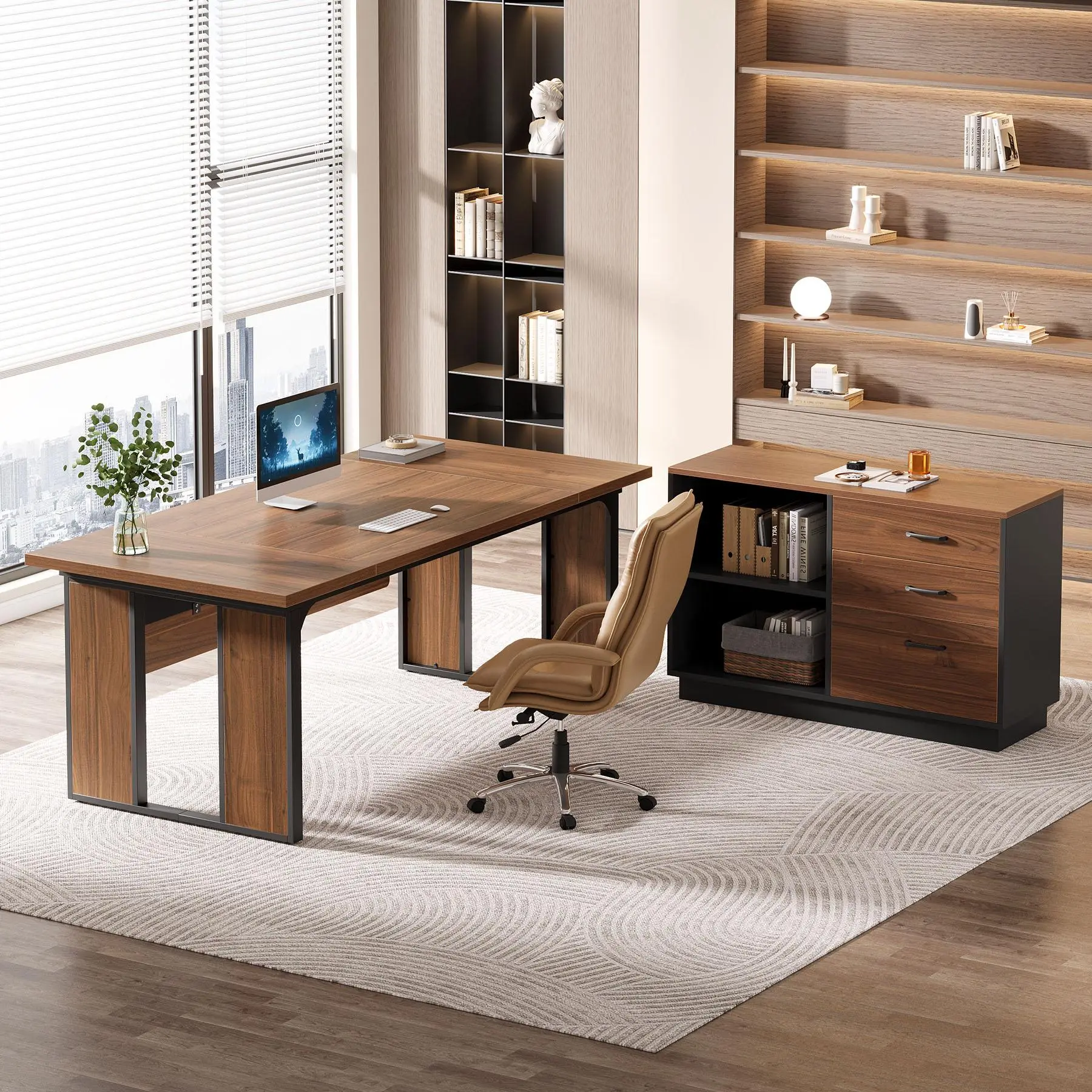 TRIBEWOOD 63-Inch Executive Desk, L-Shaped Office Table with 47-Inch File Cabinet, Large Computer Desk with Storage Drawers and Shelves, Wood Business Furniture Set for Home Office,Two separate package