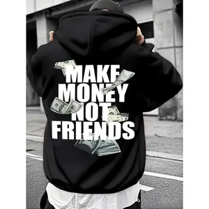 Men'S Trendy Red Hoodie with "Make Money Not Friends" Print - Casual Winter Pullover, Regular Fit, Drawstring Hood, Polyester Blend, Machine Washable, Everyday Hoodie |   Bold Statement Hoodie |   Polyester Blend Hoodie