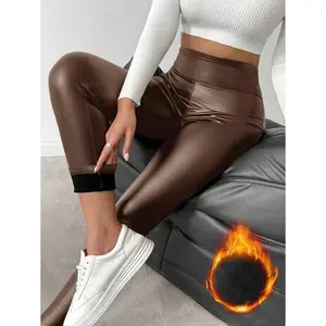 Women's Warm Faux Leather Thermal Lined Skinny Leggings, Basic Long Pants For Autumn/Winter Fall Cloth For Women