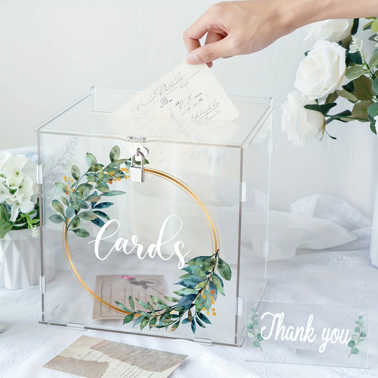 Smooth Square Modern Acrylic Wedding Card Organiser with Lock, DIY Slot-In Gift Card Box for Wedding Reception, Home Supplies Storage Bin for Party Decorations