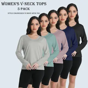 5 Pack Women‘s Long Sleeve T Shirts  Absorbs Sweat Breathable Sports Tops Casual Loose-fitting Workout T-shirt With A V-Neck Christmas Long Sleeve Shirts For Gym Casual Tops Sun Protection Workout Hiking T Shirts For Running Gym Yoga Sports