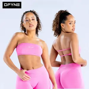 DFYNE Seamless Strapless Bandeau Sports Bra & High Waisted Leggings Set – Padded Backless Yoga Gym 2-Piece Outfit for Women, Workout Sets Women