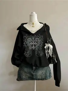Women's Y2K Punk Graphic Hoodie Sweatshirts Tops, Cross Wing Floral Pattern, Loose Fit High Neck Half Zip Pullover, Casual Fall & Winter Wear