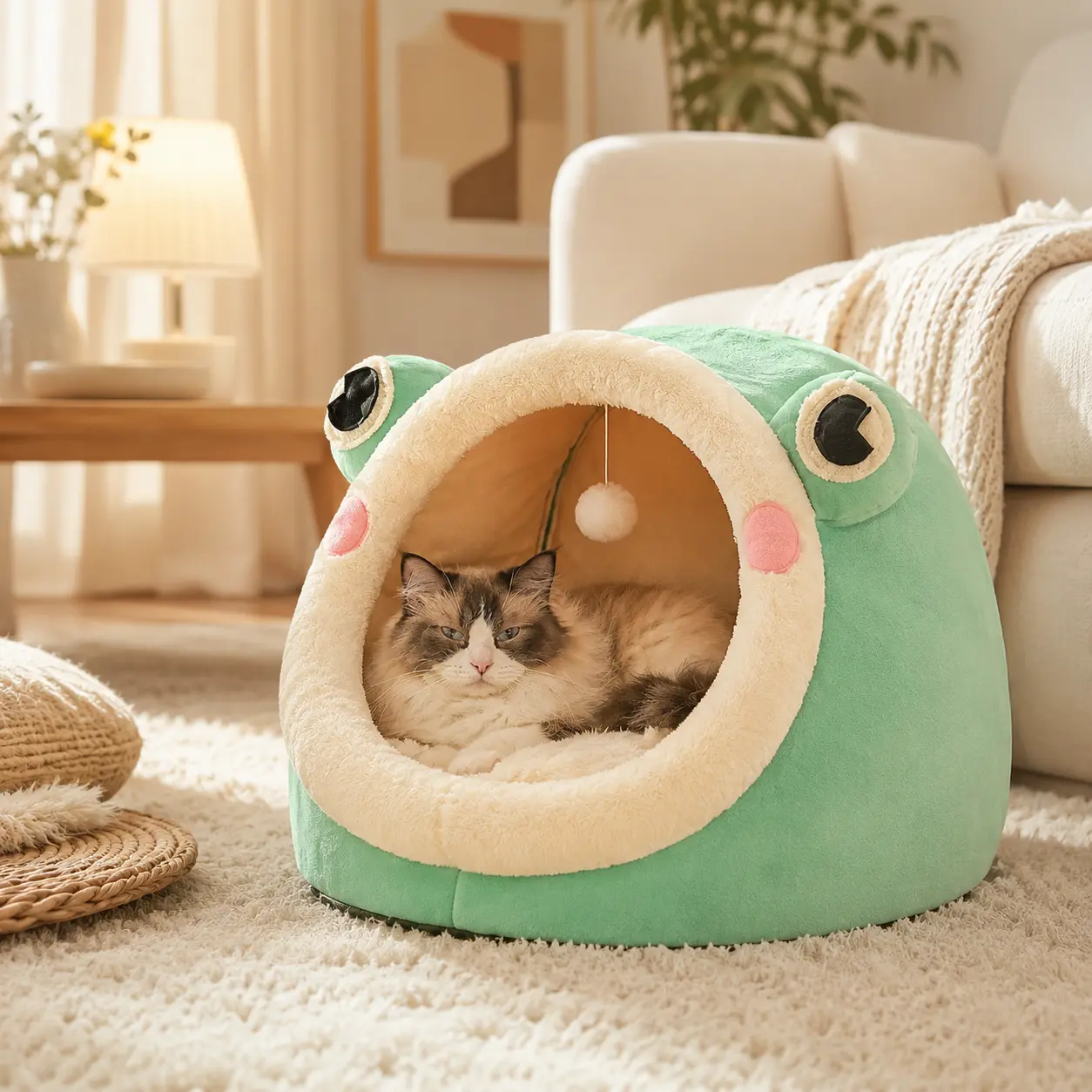 Jiupety Cute Cat   house   , Indoor Lovely Velvet Igloo for Cat, Warm Cave Sleeping pet Nest Bed for Puppy and Kitten, Green Frog