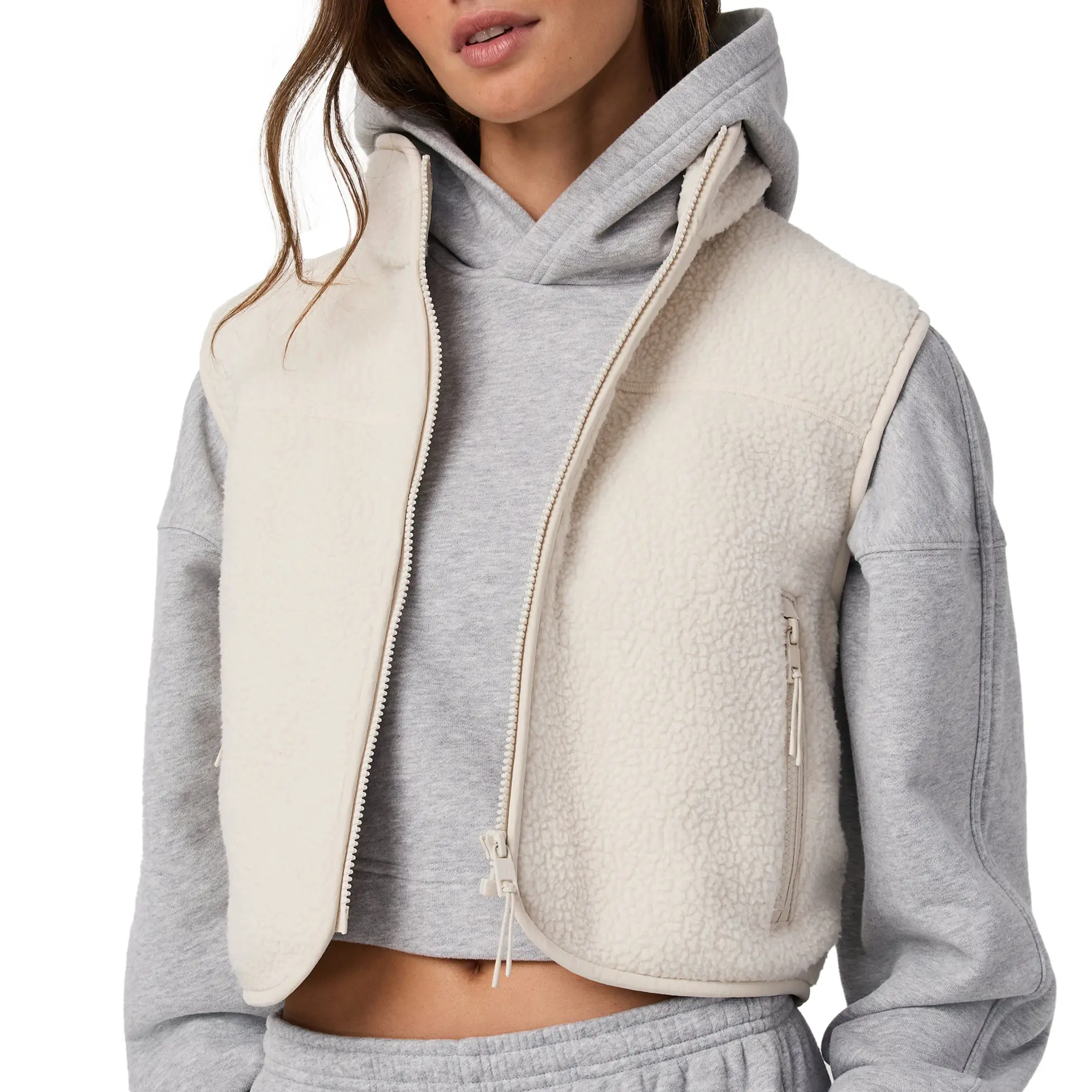 Hixiaohe Cropped Fleece Vest Women Zip Up Stand Collar Warm Sherpa Vest Fall Cute Sleeveless Fleece Waistcoat with Pocket