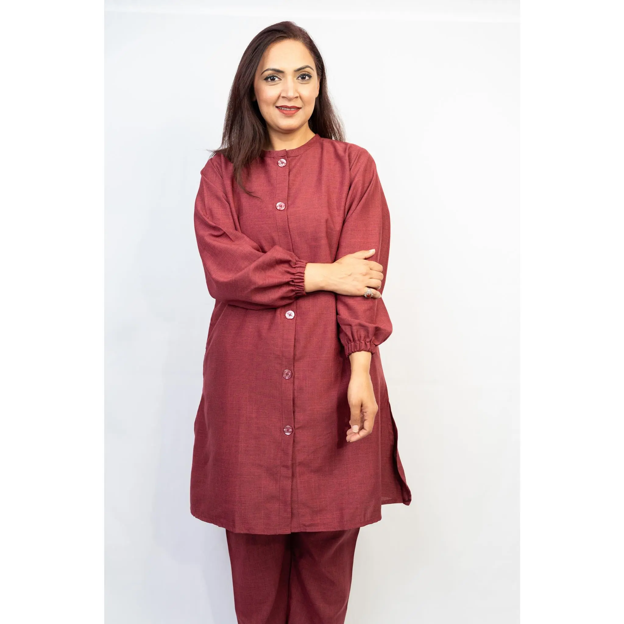 Red-maroon Button Down Two-Piece Set