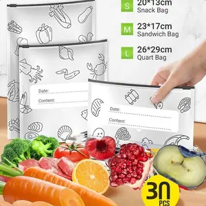 (30PCS, 3 Size)  2025 New Resealable Vacuum Zipper Pouches for Food, Stand Up Foil Sealable Bags with Label and Zip Lock for Vegetable Fruit Meat Reusable Airtight Waterproof Preserving Containers Kitchen Utensils