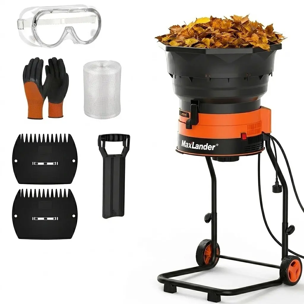 MAXLANDER 15A Model Electric Leaf Mulcher & Shredder - 8400 RPM Portable Garden Chipper, 18:1 Reduction Gear, 55 GPM, Adjustable Dial Grinder for Wet/Dry Leaf Waste, Metal/Plastic Build, Complete Kit (Goggles, Gloves, Scoops, Spade, 20 Cutting Lines)