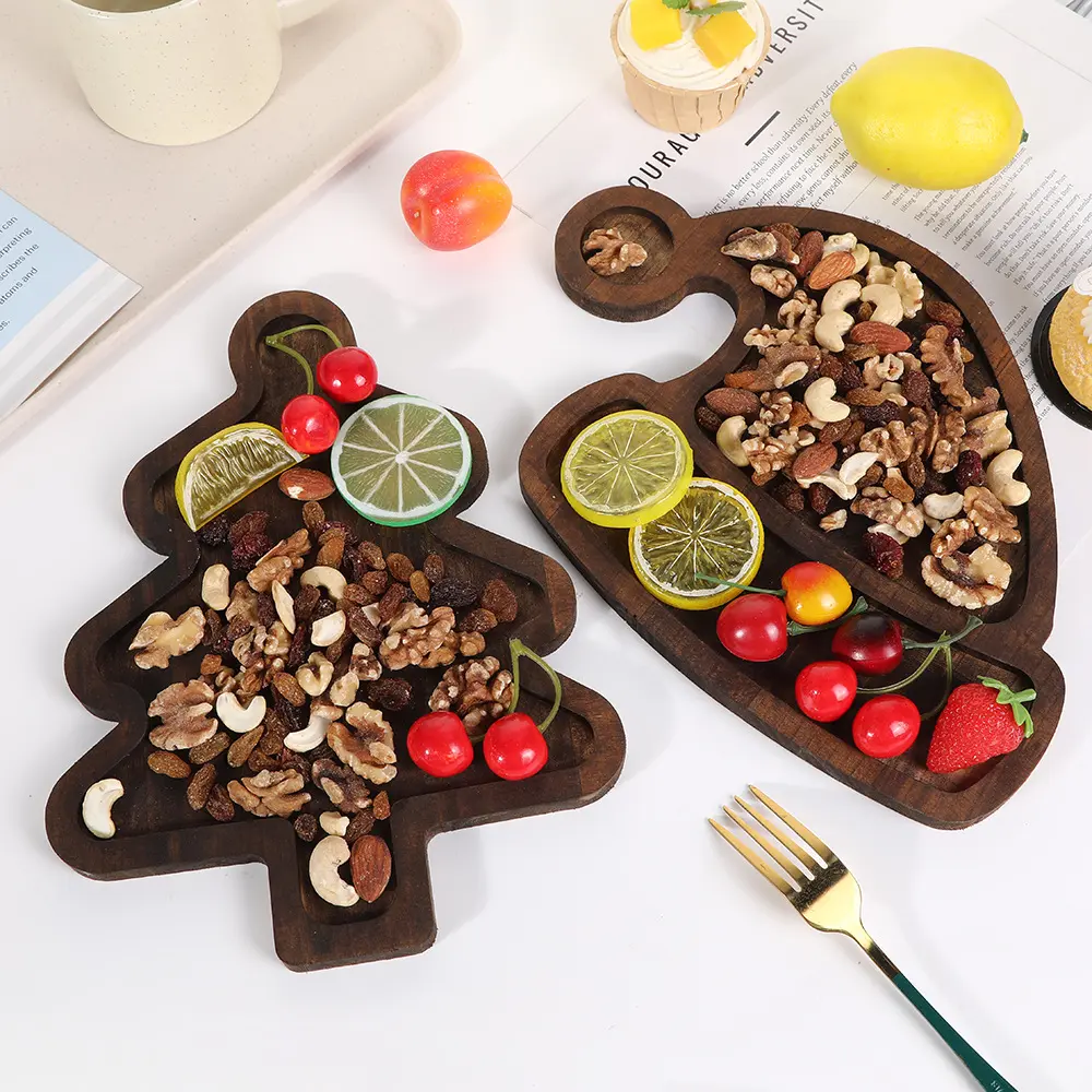 Wooden Christmas Tree & Hat Trays Set Serving Platters for Parties Cheese Fruit Snacks Holiday Decorative Cutlery Holders Natural Rustic Look Plates