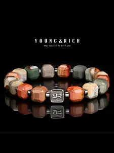 Young & Rich 8mm Men's Natural Picture Jasper Bracelet, Polished Multicolor Faceted Beads, Elastic Minimalist Earth Tone Jewelry