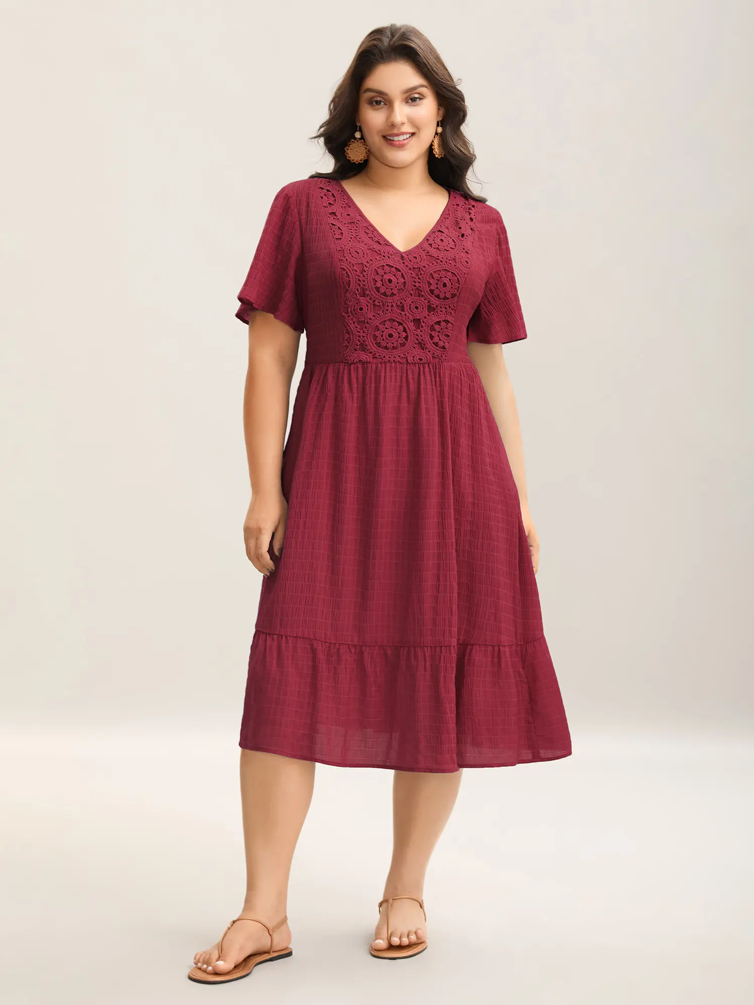 BloomChic Ready to Wear Garment, Women's Bohemian Lace-Textured Midi with Ruffle Shortsleeve and Side Seam Pocket, Fabric, Casual Dresses, Low Iron, Boho Style Outfit, Rust, Polyester, Casual Wear, Midi Dress, Ruffle Sleeve, Midi Length