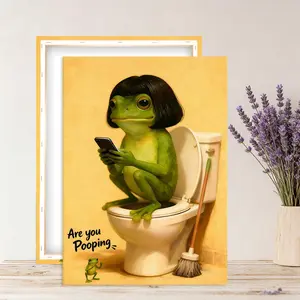 Funny frog-themed wooden frame canvas wall hanging, "Are you taking a dump?" A quirky toilet humor painting, suitable for guest bathrooms, toilet wall decorations, and home décor. Wooden Wall Art, Decorative, Artistic