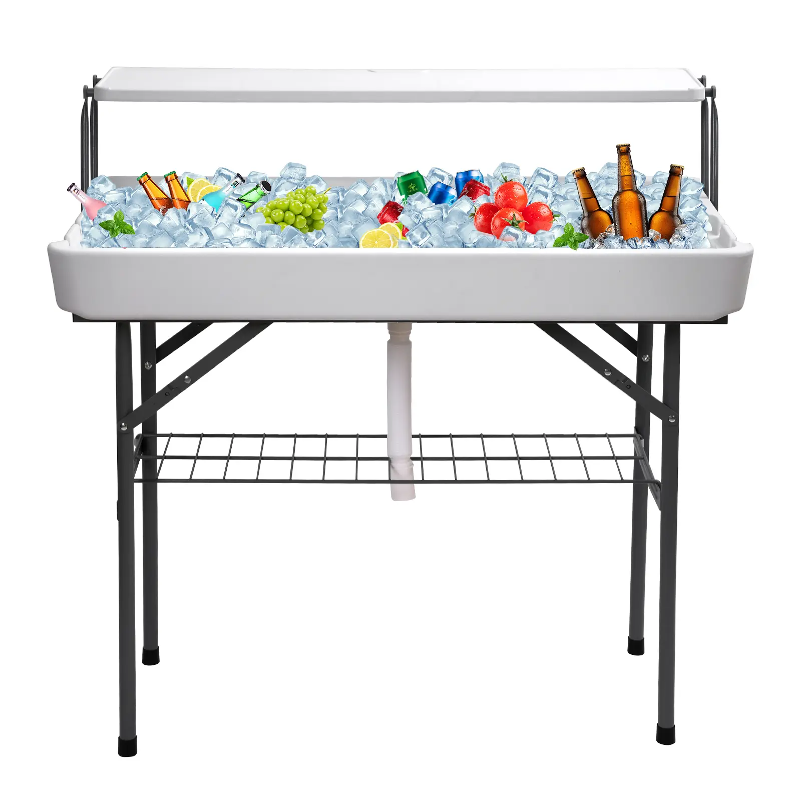 4ft Folding Party Cooler Table with Drain, Skirt & Storage Shelf – Multi-Use Ice Table for Events & Entertaining