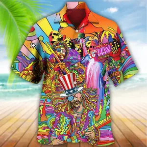 Hippie Independence Day America Hawaiian Shirt, Statue Of Liberty Mount Rushmore Graphic Aloha Shirt, Colorful Patriotic Trippy Art Beach Shirt for Adults and Youth