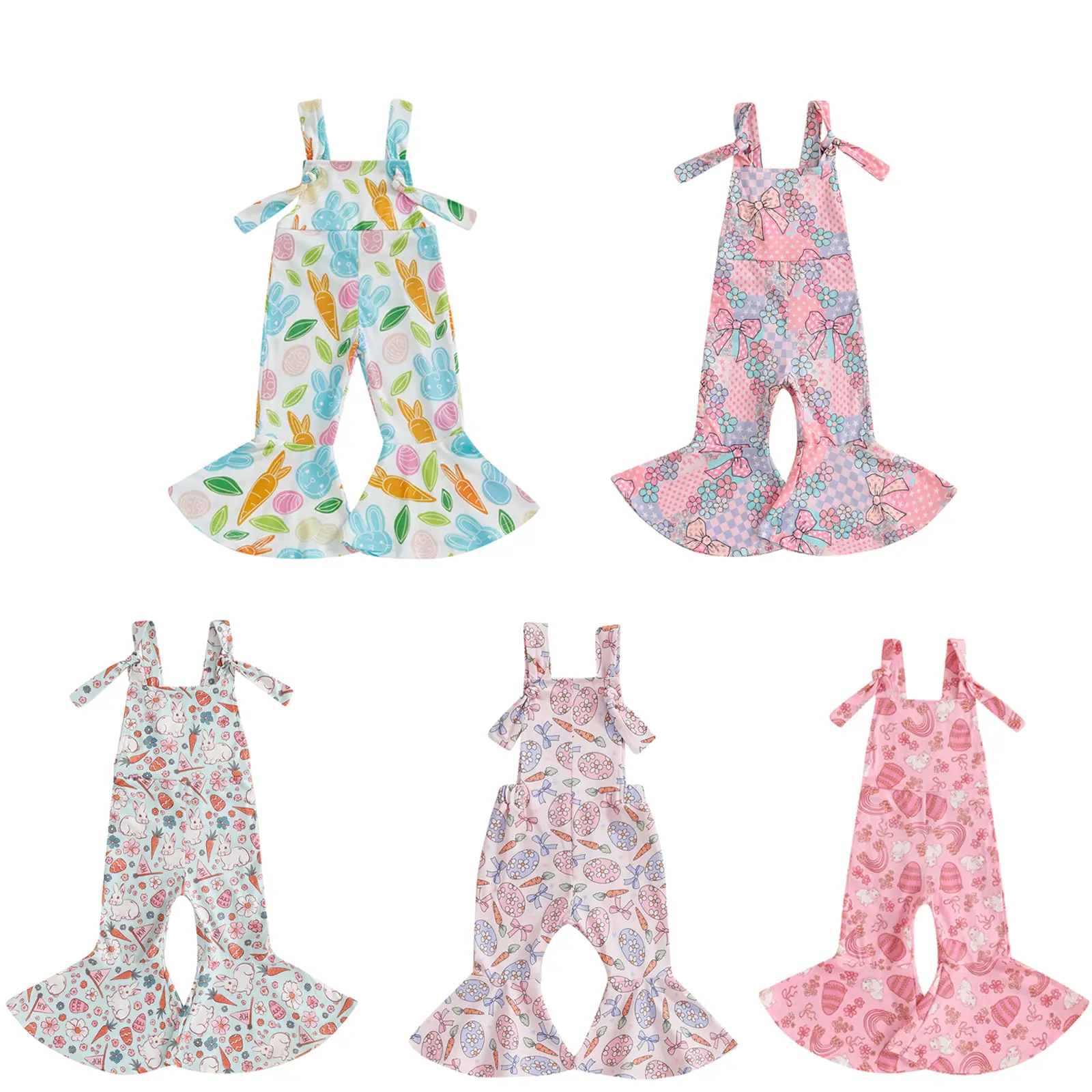 Toddler Baby Girl Easter Bell Bottom Outfit Bunny Eggs Carrot Print Sleeveless Flared Romper Jumpsuit Suspender Overalls #Springtok