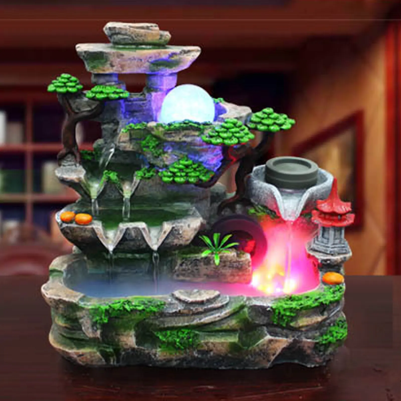 CNCEST Rustic Synthetic Resin Rockery Water Fountain - Plug-in Indoor Tabletop Figurine, 50Hz, Multicolor LED Night Glow Lights, Mist Spray, Rotatable, 4W Energy-Saving, Feng Shui Ornament, IPX8 Rated, Home Decoration, Statues & Bobbleheads