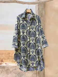 Women's Vintage Print Elegant Long Shirt, Casual Fitted Woven Fabric, Moderate Thickness, All Seasons Wear, Stylish Women's Clothing