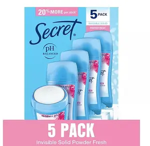 Secret Invisible Solid Antiperspirant and Deodorant 2.6 oz Powder Fresh 5 Pack Body Care Blend Gift Scent Comfort Cosmetic Sweat Water Resistant