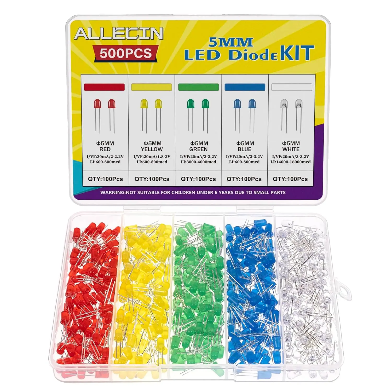5MM LED Diode Light Assortment Kit 5 Color Low Voltage Circuit Emitting Diodes Bulb Lamp Set for Christmas Lights Replacement and Science Project (Pack of 500pcs)Gift.