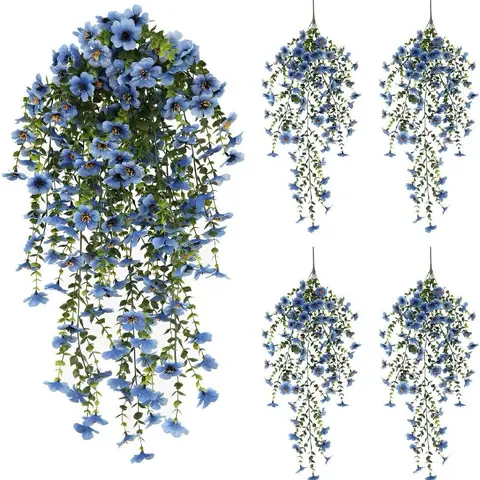 4 Pack Artificial Hanging Plants, Vibrant Colors, Silk Violet Flowers with Eucalyptus Leaves, Realistic Faux Flowers, Fake Flower Vine, UV Resistant, Home Garden Indoor Plants Decor, Faux Flower Decoration