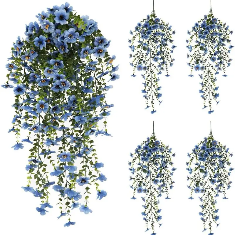 4 Pack Artificial Hanging Plants, Vibrant Colors, Silk Violet Flowers with Eucalyptus Leaves, Realistic Faux Flowers, Fake Flower Vine, UV Resistant, Home Garden Indoor Plants Decor, Faux Flower Decoration
