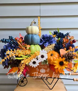 Fall Centerpiece with Stacked Pumpkins – Wagon Farmhouse Pumpkin Patch Autumn Arrangement