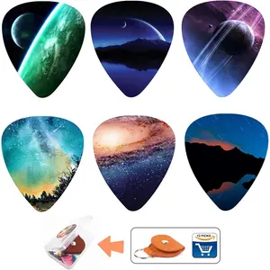 Guitar Picks 12 Medium Gauge Pack with Picks Holder and Plastic Picks Box,  Fairyland Galaxy Themed Guitar Cool Picks for Bass Electric Guitar Acoustic Guitar Lovers guitarists