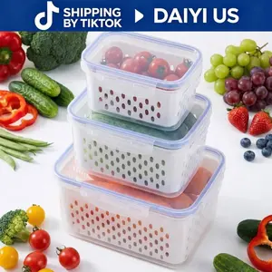 4 in 1 Produce Saver Containers, Airtight Food Storage Container with Drain Basket, Stackable Refrigerator Organizer for Vegetable Fruit Meal Prep Kitchen Storage