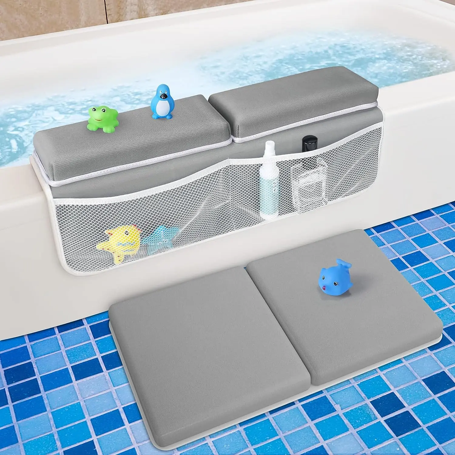 BabyBond Bath Kneeler and Elbow Kneeling Rest Pad for Baby Bathing Parents - Painless Foam Mat with Toy Organizer Pockets - Quick Drying, Foldable, Non-Slip for Baby and Toddler Bathing-Grey, Ideal Gifts for New Parents, Mothersdaygift, #Summervibes