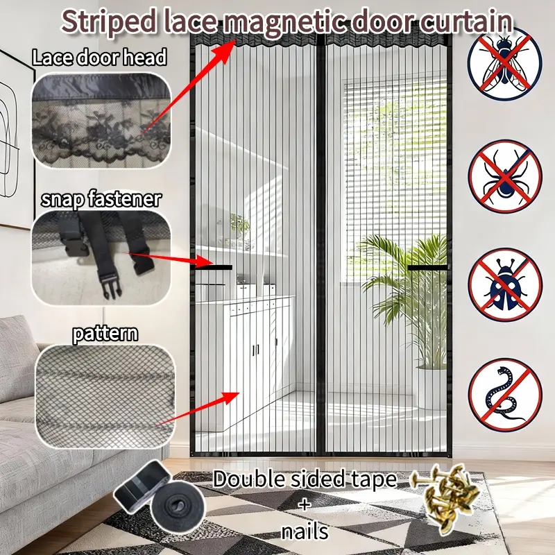 Striped Lace Magnetic Screen Door, Automatic Closure, Ventilation Without Light Blockage, Home Use Mesh Gate Design