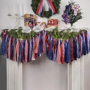4th of July Patriotic Garland with Ribbon Banner - Red White & Blue Tinsel Suitable for Mantel Wall Window Decorations, Fabric Hanging for 4th of July Parties, Independence Day Door Decorations for Office Events, Party Decor