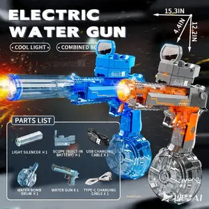 Electric Water Gun for Adults Water Gun Electric for Kid with Muzzle Flash Spray Gun Toys Capacity Range Up to 32 FT Beach Toys for Summer Outdoor Pool - Transparent ash