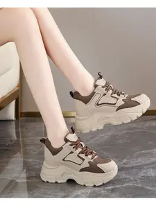 Women's New Spring Thick Sole Height Increasing Dad Shoes, Casual Plain Pig Leather Sneakers, All Seasons Low Top Sporty Footwear