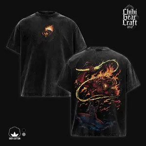 Lord Of The Rings Balrog Shirt Gandalf The Grey Fire Whip Flame Of Udun Khazad dum Epic Battle Masterpiece Art Vintage Washed Oversized T-Shirt Hoodie Dark Fantasy Movie Graphic Tee Faded Red Blue Gothic Streetwear Y2K Merch Gift For Movie Fan Clothes