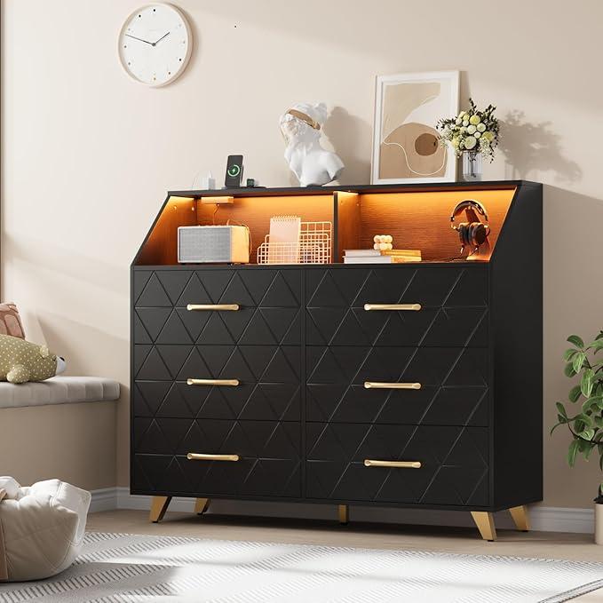 6 Drawer Dresser with LED Lights & Charging Station, Wooden Black Dresser for Bedroom, Modern TV Stand Dressers & Chests Of Drawers for Closet, Hallway, Entryway