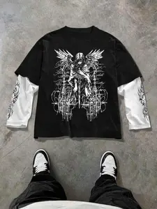 Unisex Dark Angel Thorn Two-Piece Long Sleeve T-Shirt, Comfortable Breathable Material, Colorblock Sleeves, Geometric Print, Spring & Fall