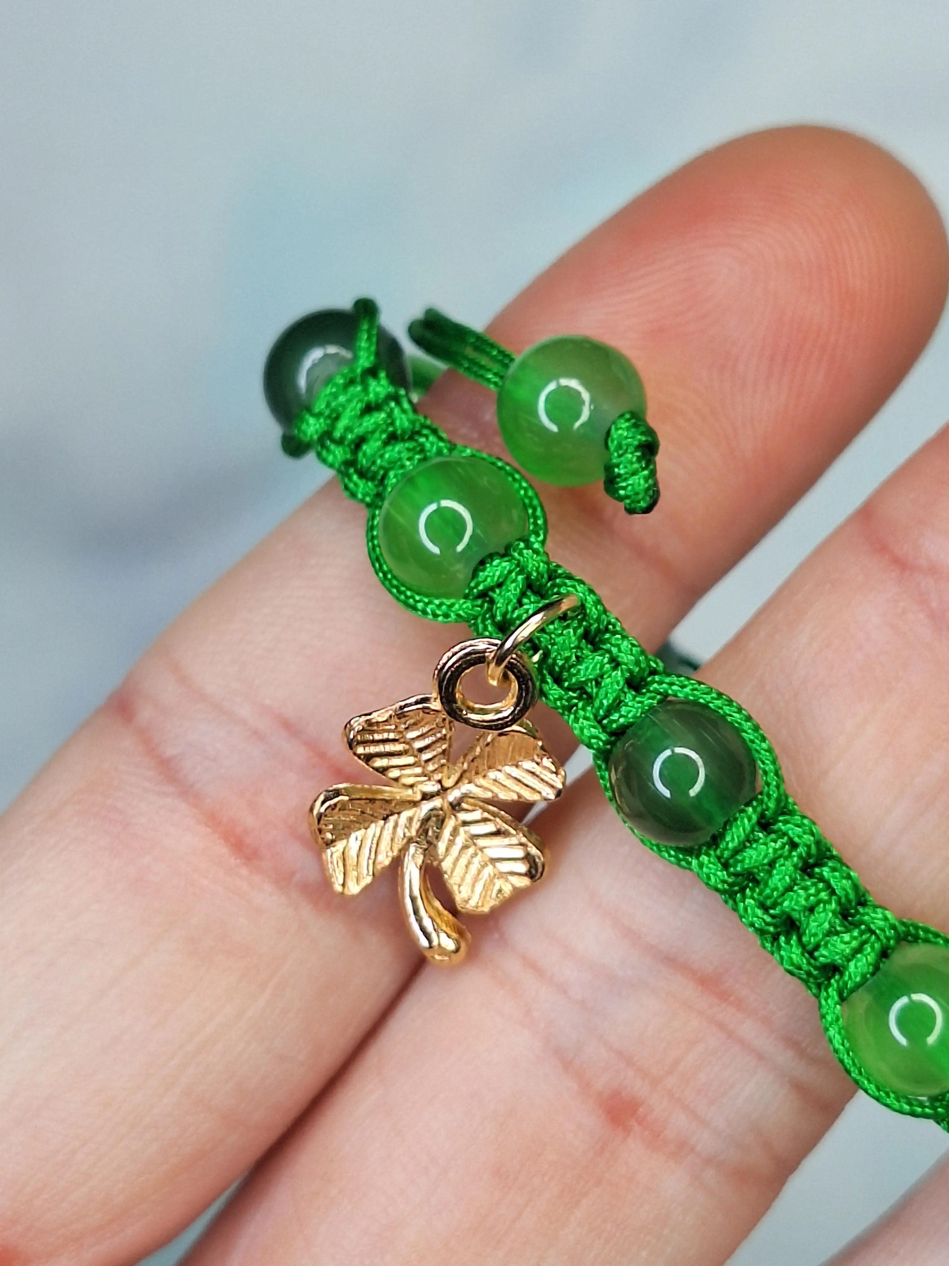 Handmade Macrame Bracelet - Irish Luck Green with Gold Four-Leaf Clover Charms
