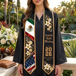 Personalized Mexican American Graduation Stole 2026, Custom Name Grad Sash, Mexico US Flag Floral Stole, Hispanic Grad Gift