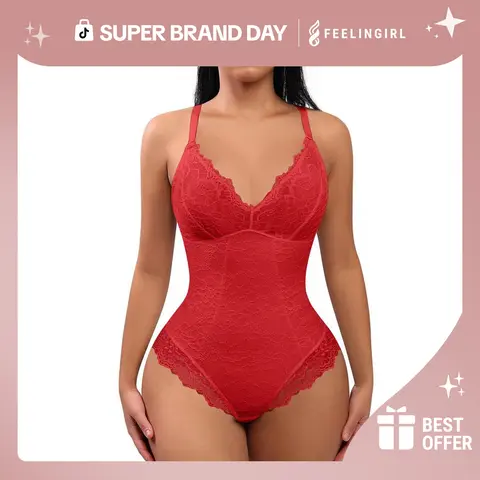 FeelinGirl Valentine's Day  OutdoorFun Sexy Low-back Ultra-versatile Lace Bodysuit tts Short Womenswear Comfort Tops Nylon Valentine's Day Gift