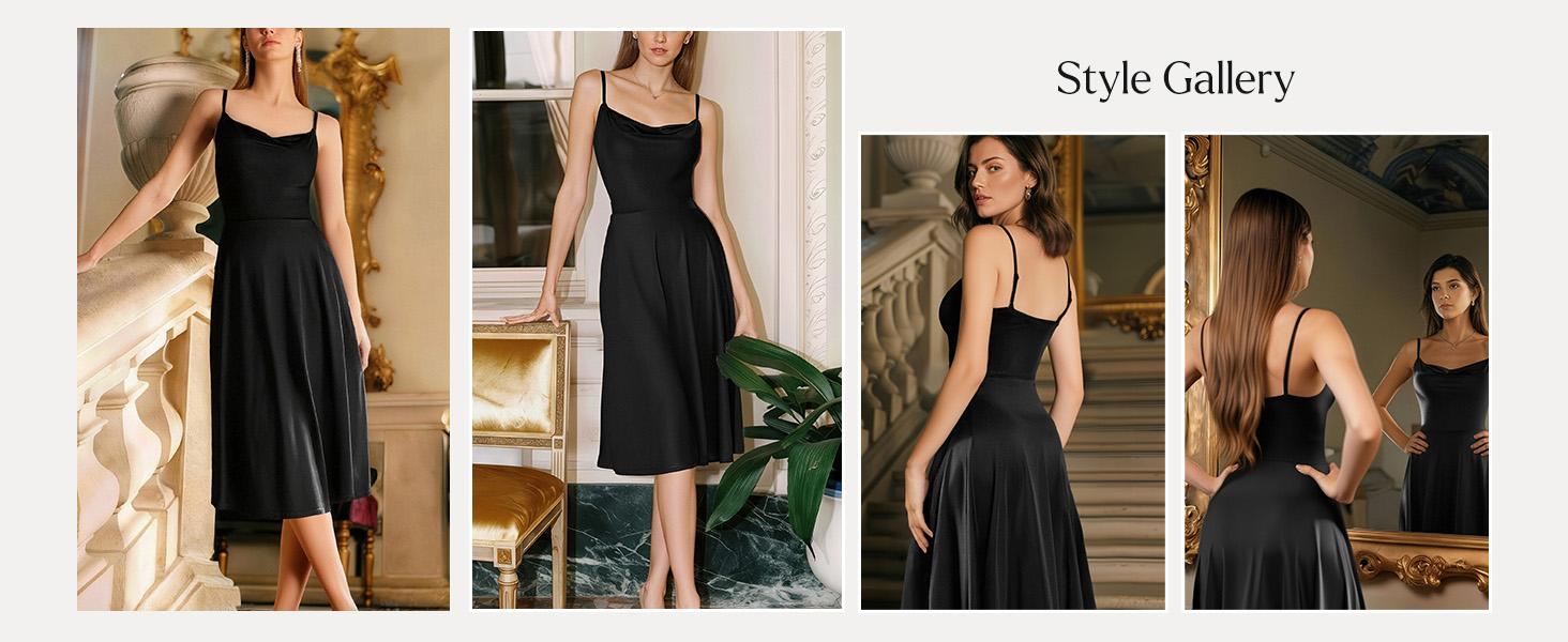 Popilush Satin Cowl Neck Spaghetti Strap Midi Swing Dress - Casual Breathable Elastic Fabric for Everyday Womenswear Feminine Adjustable Mesh