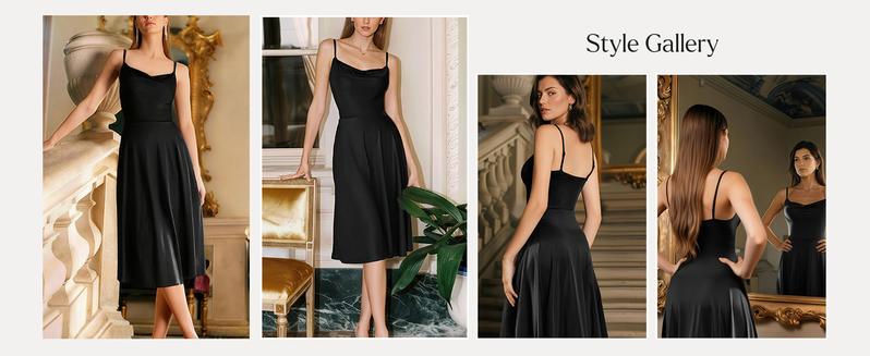 Popilush Satin Cowl Neck Spaghetti Strap Midi Swing Dress - Casual Breathable Elastic Fabric for Everyday Womenswear Feminine Adjustable Mesh