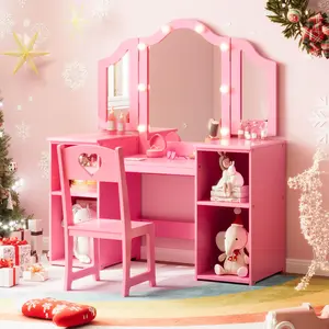 Gaomon Pink Princess Theme 2-in-1 Vanity Desk - MDF Wood Storage Dressing Table with Touch Light, Foldable Detachable Tri-Folding Mirror, Open Storage Shelf, High Back Chair for Little Girls