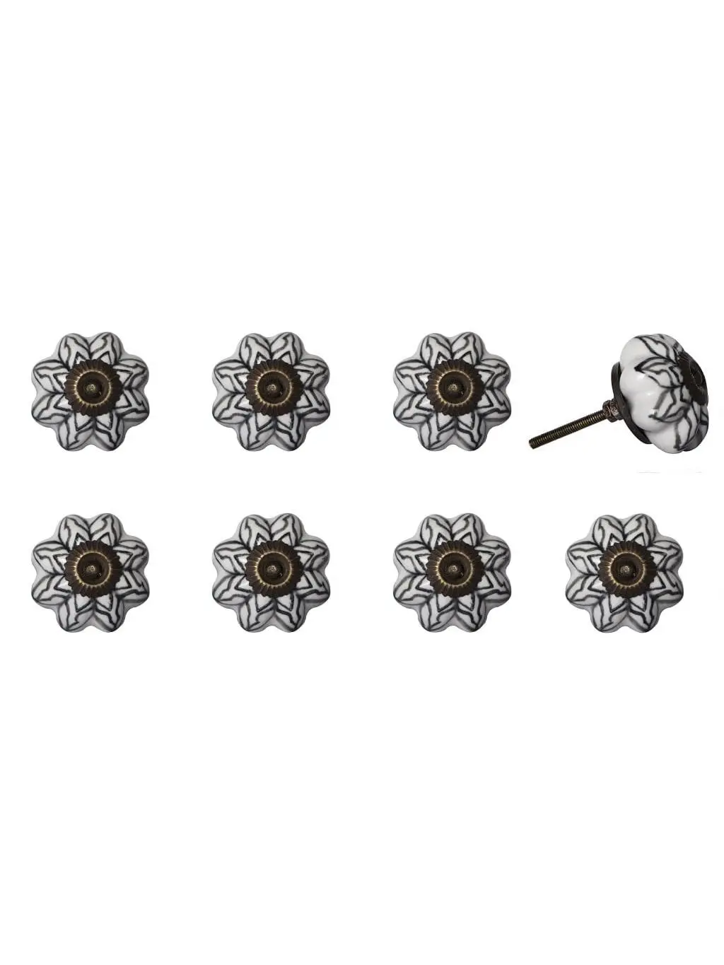212 MAIN 8-Piece 1.5in Round Black & White Hand-Painted Ceramic-Metal Drawer Pulls Set, Unique Botanical Cabinet Knobs for Traditional Home Decor Large Appliance Parts & Accessories