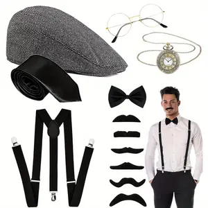 12PCS 1920s Mens Costume Accessories Set 1920s Mens Costume Vest Newsboy Hat Watch Tie Including Hat, Bow Tie,Glasses,Beard Leather Menswear vampire Clothes Faux