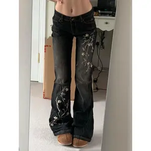 denim pant 2025 Floral Embroidery Jeans Vintage 2000s Low Rise Flared Jeans Women Retro Y2k Baggy Denim Pants High Street Basic Trousers Pocket Bottom(Sheets)