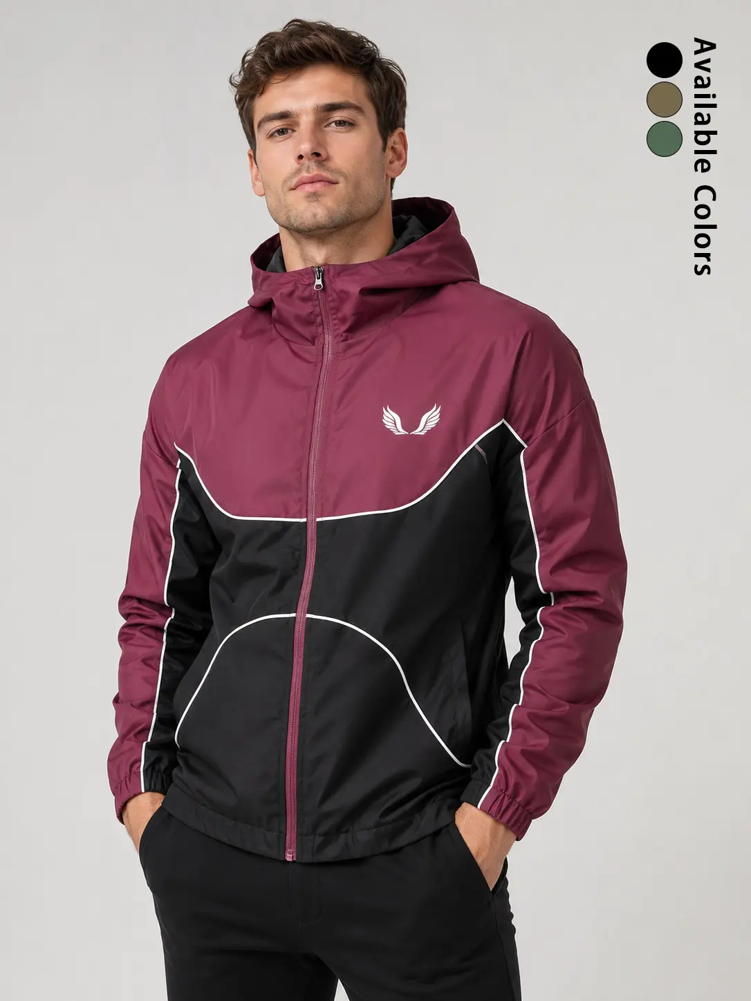 Men's contrast paneled hooded windproof jacket with white trim and wing motif, zippered pockets, street outerwear