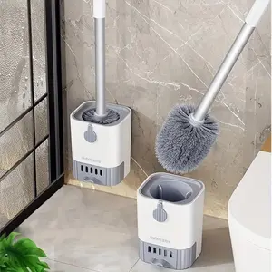 Set of wall-hung long barrel toilet brushes with durable bristles that are reusable for deep corner cleaning, bathroom toilet cleaning tools