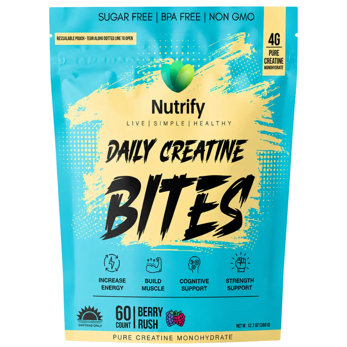 Nutrify Daily Creatine Bites – 60 Count Monohydrate & HCL, Edible Berry Flavored Daily Dietary Supplement for Fitness & Muscle Support